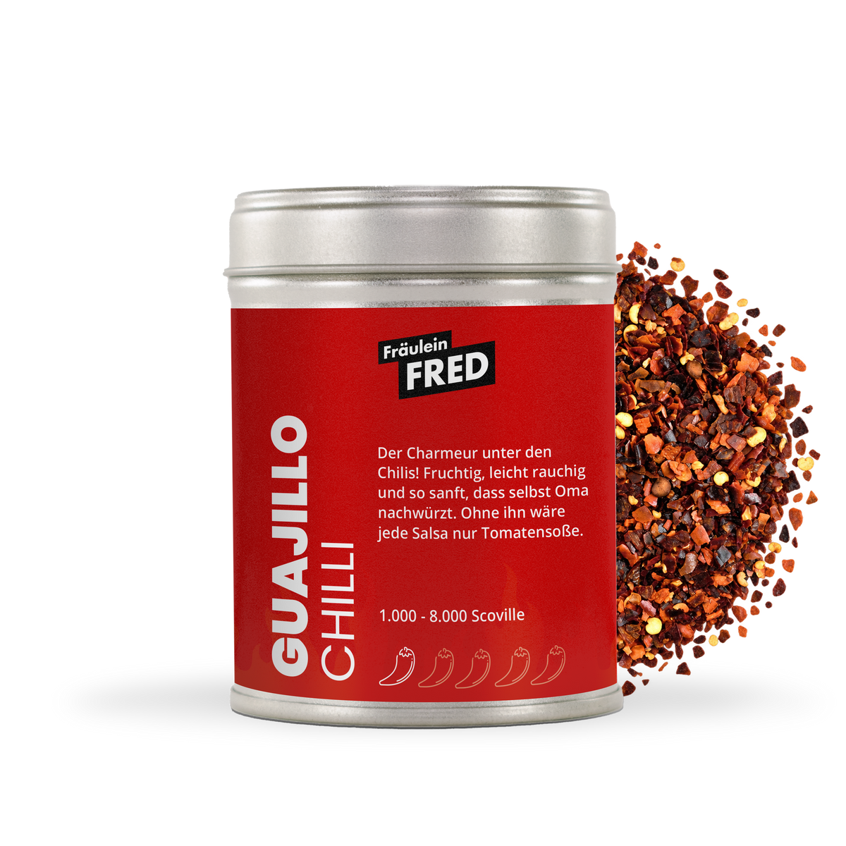 Guajillo Chili Dose mit geschroteten dunkelroten Chiliflocken