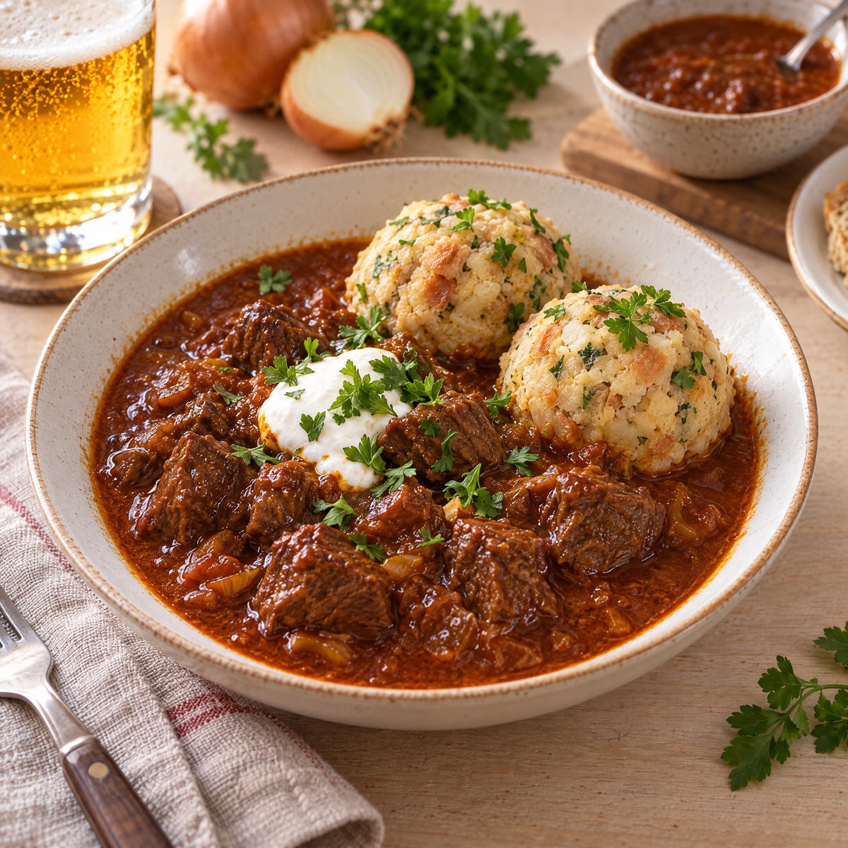 Rindergulasch mit Semmelknödeln und Schmand, geschmort mit Gulasch Gewürz – Serviervorschlag