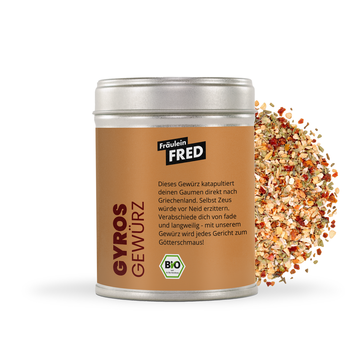 Gyros Gewürz Bio – Dose mit grober Mischung aus Zwiebel, Knoblauch, Oregano, Thymian und Tomate