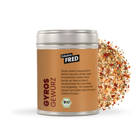 Gyros Gewürz Bio – Dose mit grober Mischung aus Zwiebel, Knoblauch, Oregano, Thymian und Tomate