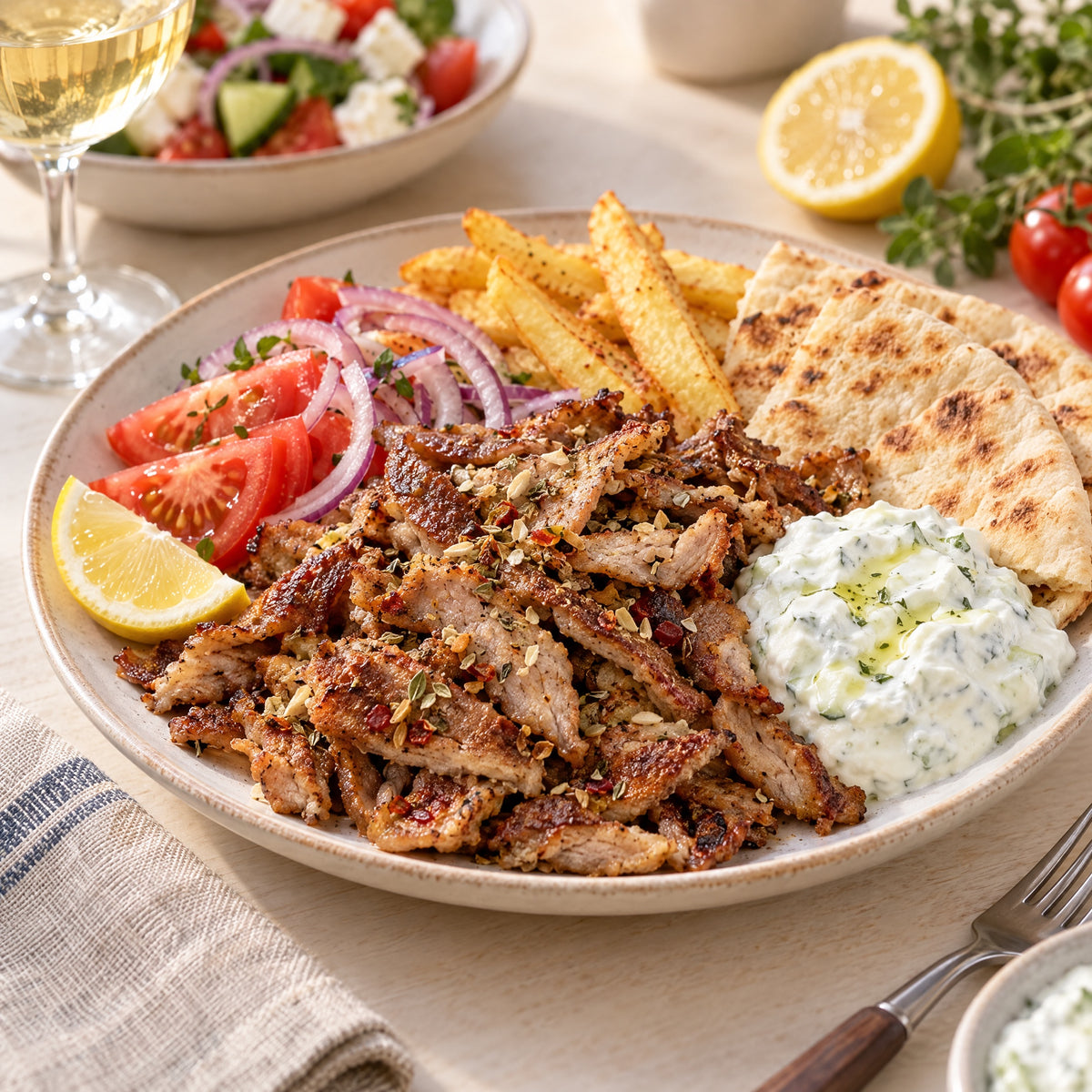 Gyros mit Tzatziki, Pita und Tomaten, gewürzt mit Gyros Gewürz – Serviervorschlag
