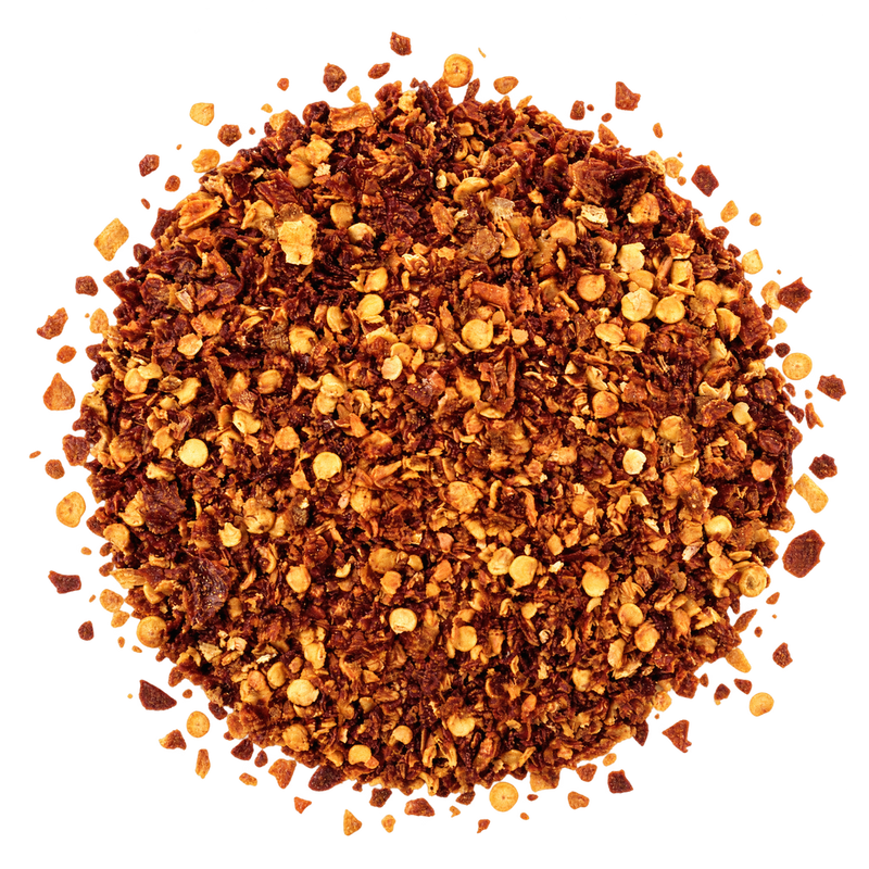 Geschrotete Habanero Red Savina Chiliflocken mit Saat, von oben