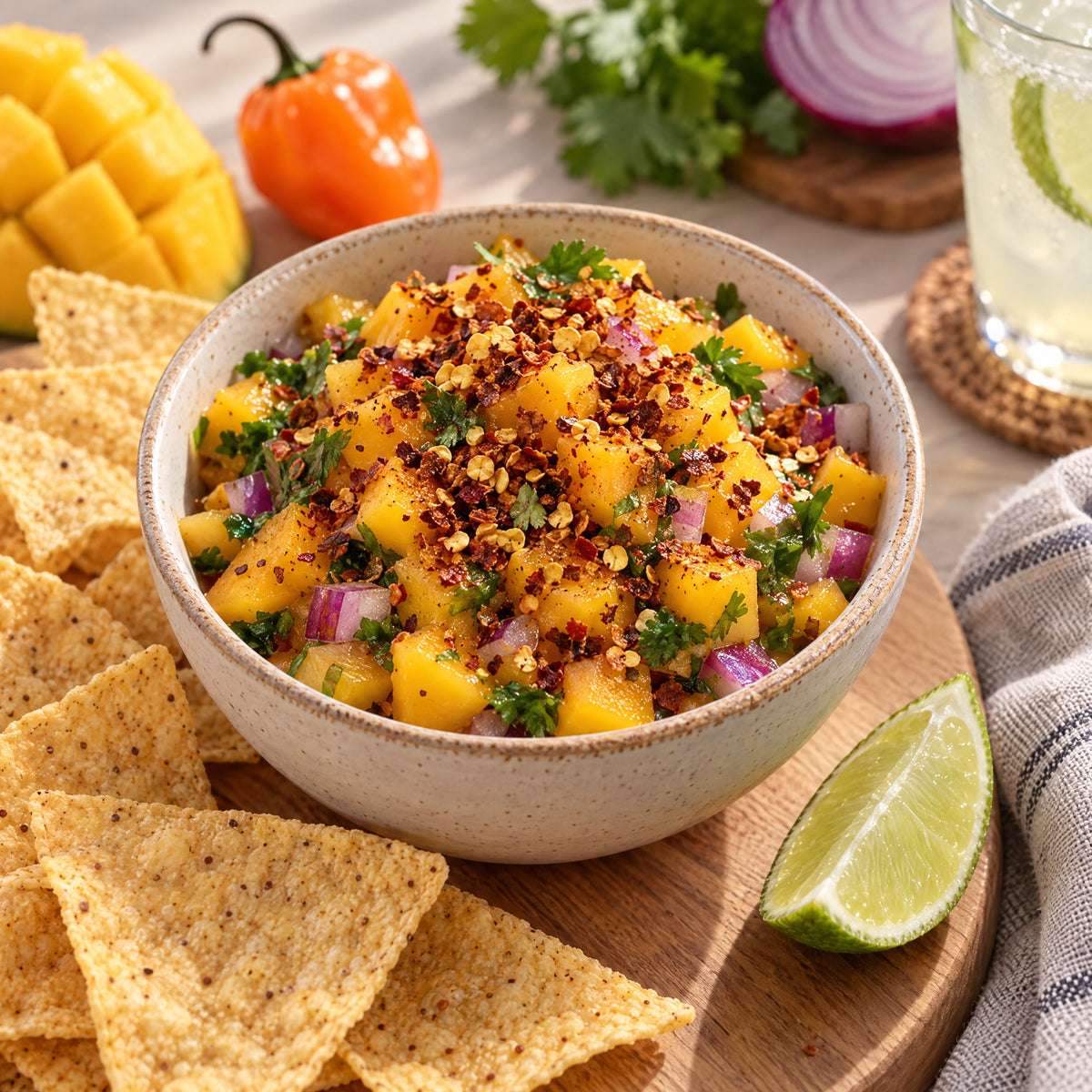 Mango-Habanero-Salsa mit Tortilla-Chips