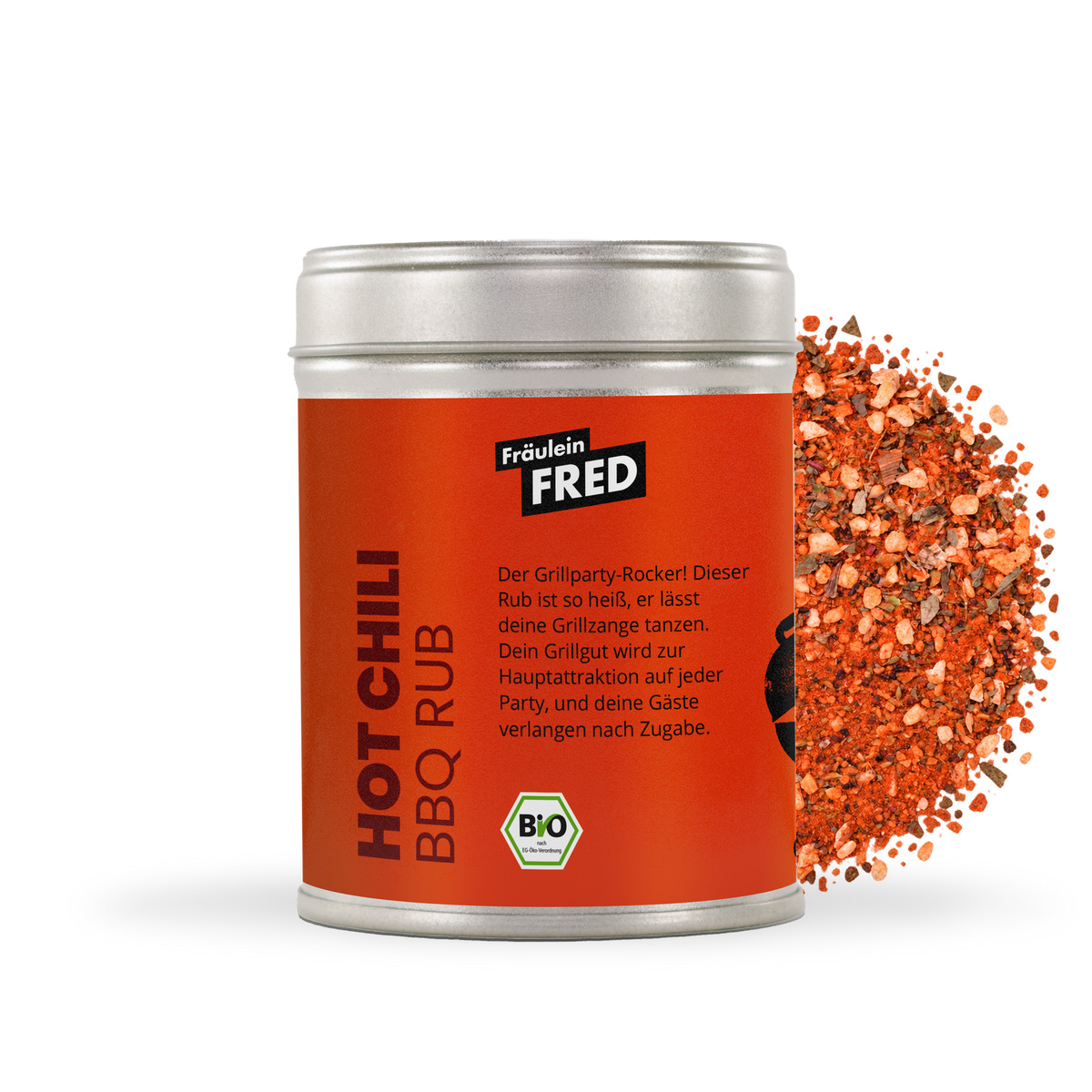 Hot Chili BBQ Rub Dose mit rotem Chili-Rub und Salzkristallen