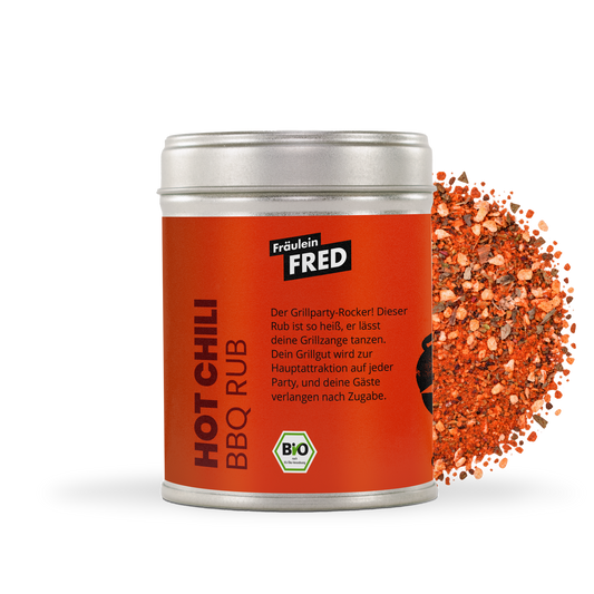 Hot Chili BBQ Rub Dose mit rotem Chili-Rub und Salzkristallen