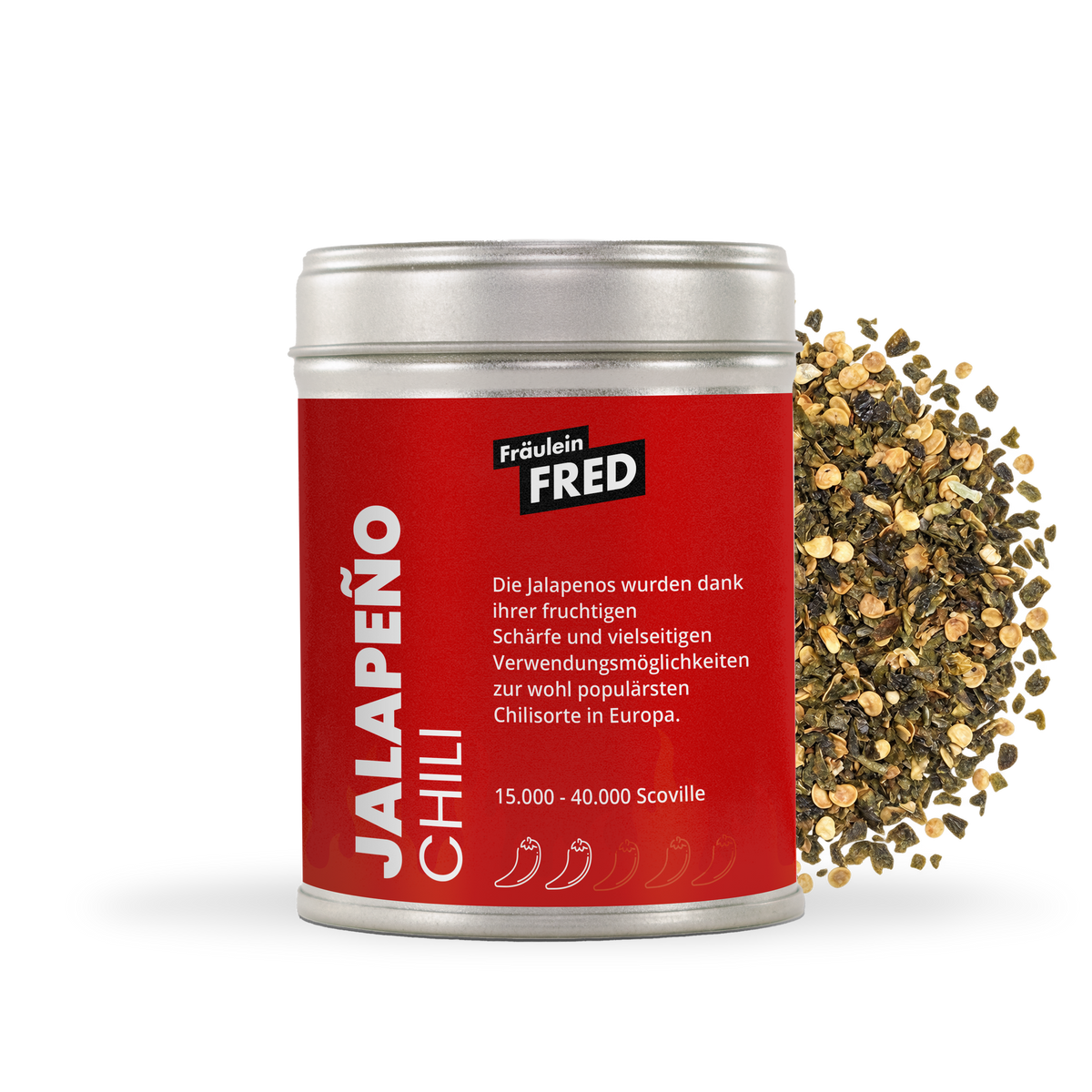 Jalapeño Chili Dose mit getrockneten grünen Jalapeño-Flocken und Samen
