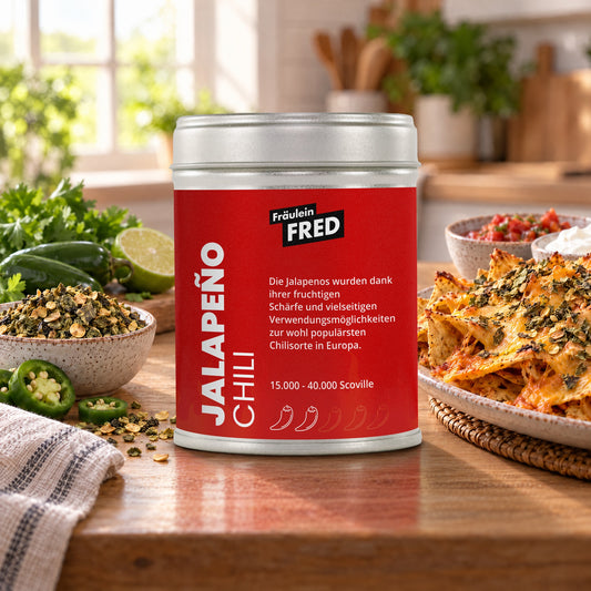 Jalapeno Chili in der Dose von Fräulein Fred auf dem Küchentisch, daneben Nachos mit Käse