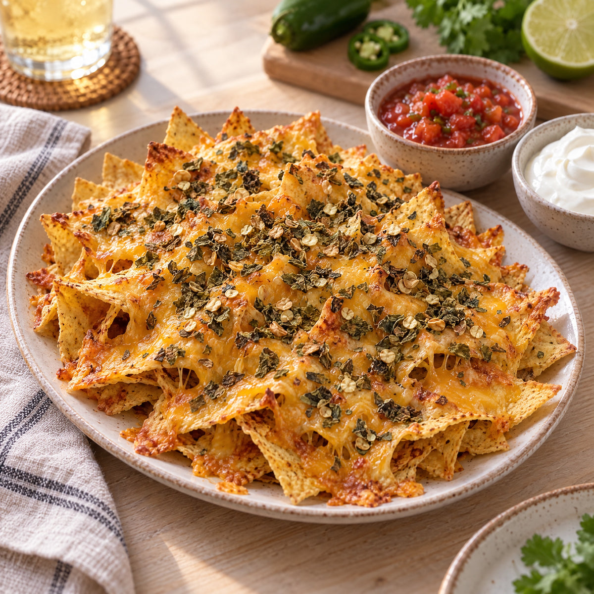 Überbackene Nachos mit Käse und Jalapeño Chili, dazu Salsa und Sour Cream