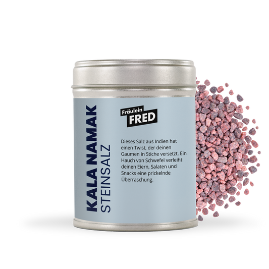 Kala Namak Steinsalz Dose mit rosa-grauen Salzkristallen