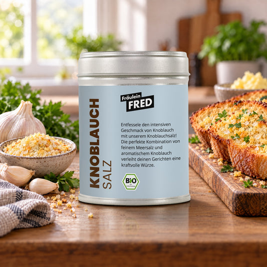 Knoblauchsalz in der Dose von Fräulein Fred auf dem Küchentisch, daneben Knoblauchbrot