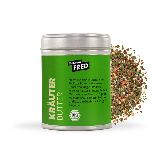 Kräuterbutter Gewürz Bio – Dose mit grober Mischung aus Petersilie, Kräutern, Zwiebel, Knoblauch, Paprika und Salz