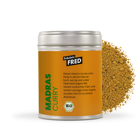 Madras Curry Gewürz Bio – Dose mit fein gemahlener scharfer Currymischung