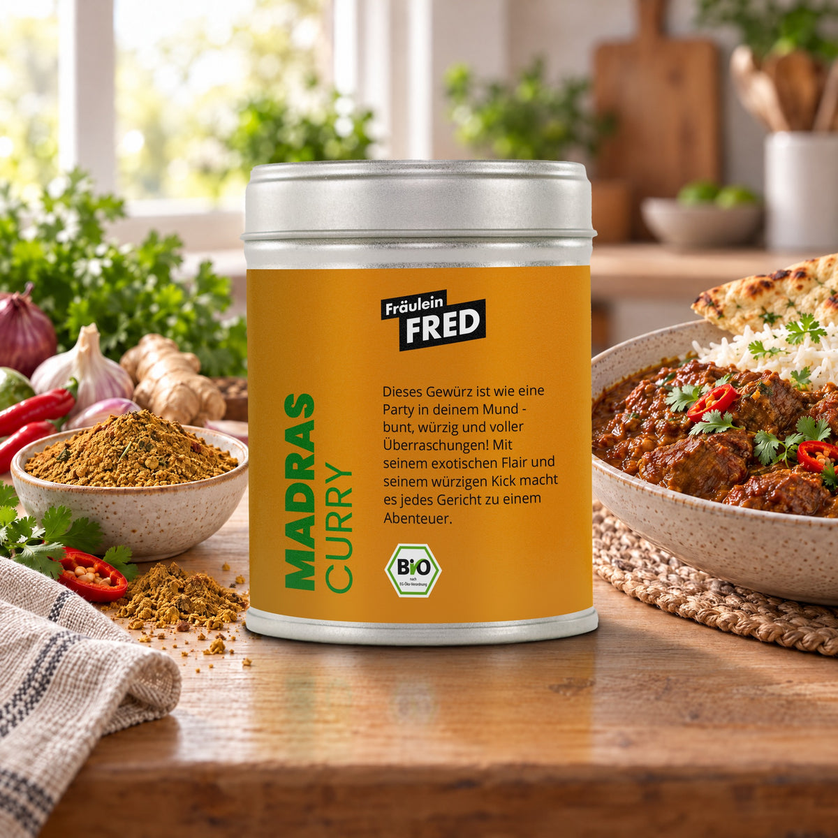 Madras Curry Gewürz in der Dose von Fräulein Fred auf dem Küchentisch, daneben Madras-Rindercurry