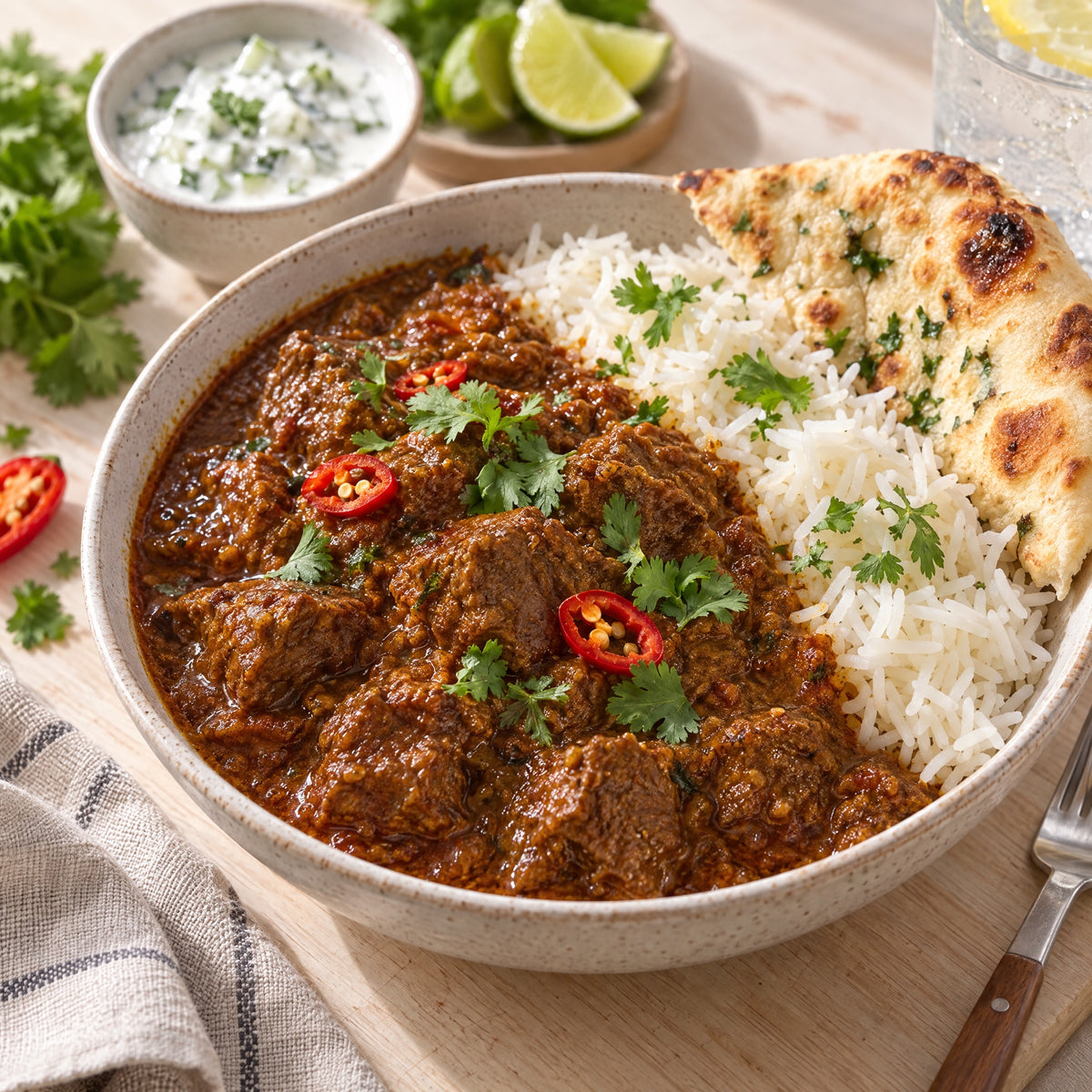 Madras-Rindercurry mit Basmatireis und Naan, gekocht mit Madras Curry Gewürz – Serviervorschlag