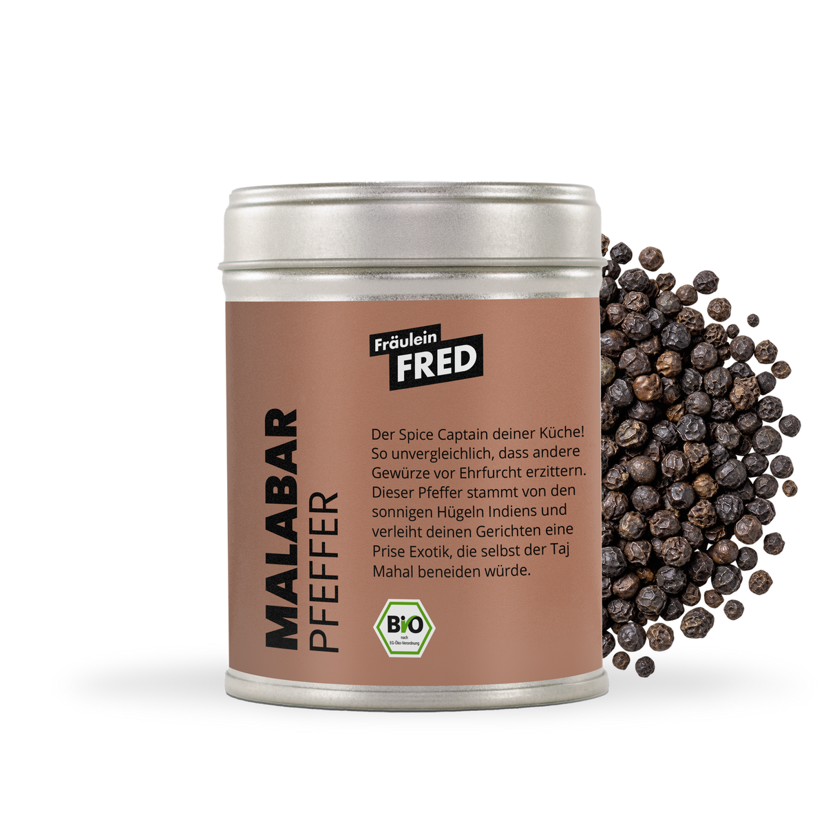 Malabar Pfeffer Dose mit ganzen schwarzen Pfefferkörnern