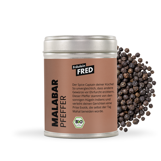 Malabar Pfeffer Dose mit ganzen schwarzen Pfefferkörnern