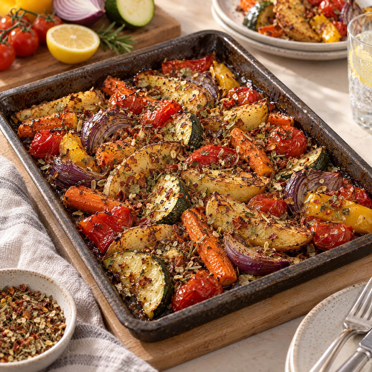 Ofengemüse vom Blech mit Kartoffeln, Paprika, Möhren und Zucchini, gewürzt mit Ofengemüse Gewürz – Serviervorschlag