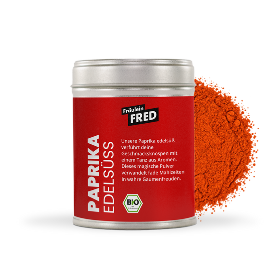 Paprika edelsüß Dose mit fein gemahlenem orangerotem Paprikapulver