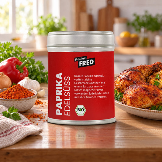 Paprika edelsüß in der Dose von Fräulein Fred auf dem Küchentisch, daneben Paprikahähnchen