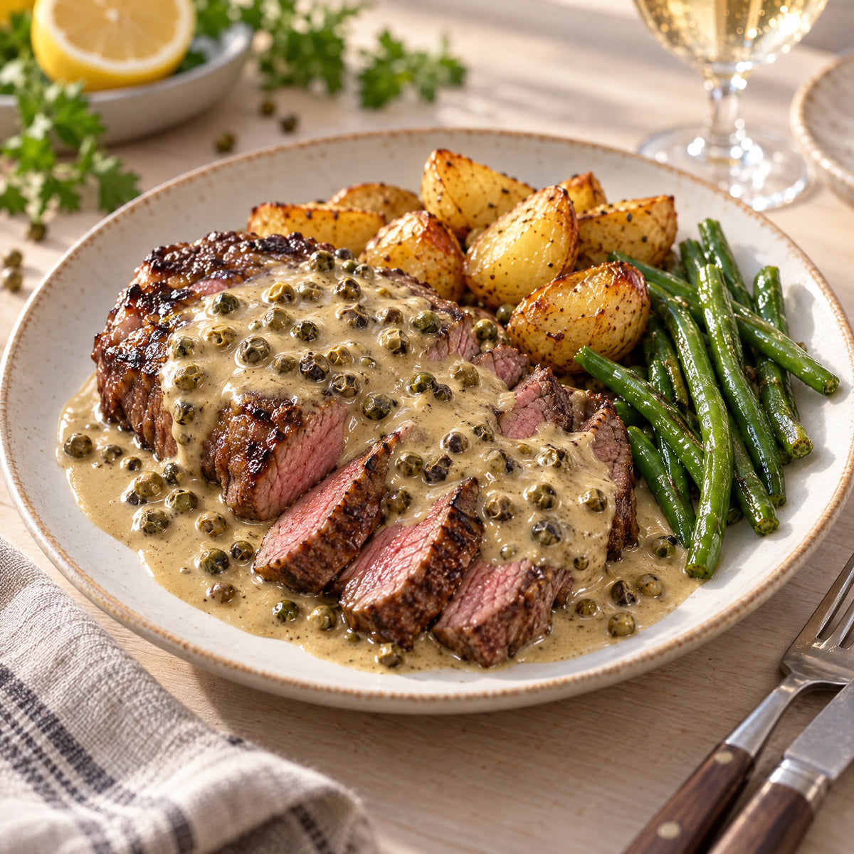 Steak mit grüner Pfeffersoße, Ofenkartoffeln und Bohnen