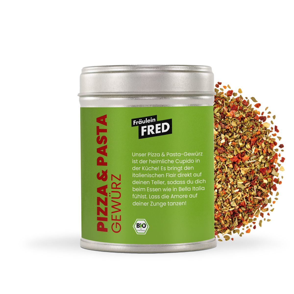 Pizza & Pasta Gewürz Bio – Dose mit grober Mischung aus Oregano, Basilikum, Tomate und Paprika