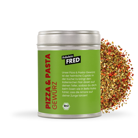 Pizza & Pasta Gewürz Bio – Dose mit grober Mischung aus Oregano, Basilikum, Tomate und Paprika