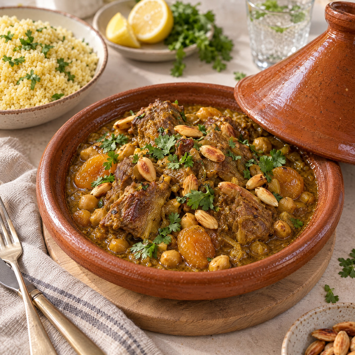 Lamm-Tajine mit Aprikosen, Kichererbsen und Mandeln, dazu Couscous