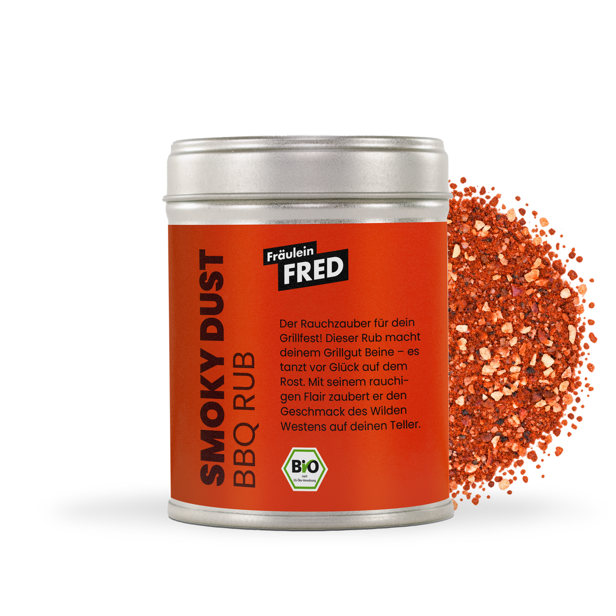 Smoky Dust BBQ Rub Dose mit rotem Räucherpaprika-Rub und Salzkristallen