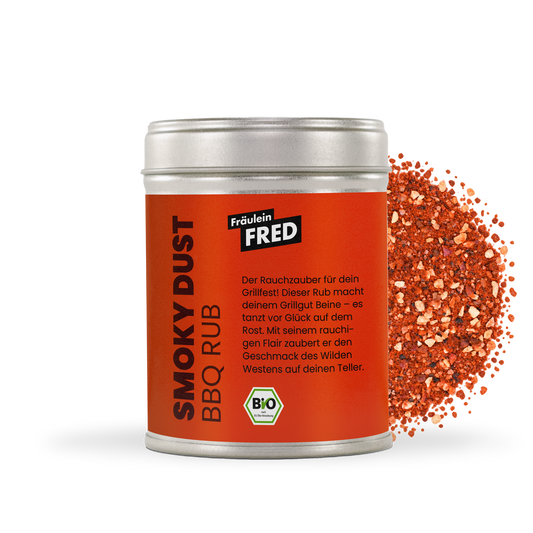 Smoky Dust BBQ Rub Dose mit rotem Räucherpaprika-Rub und Salzkristallen