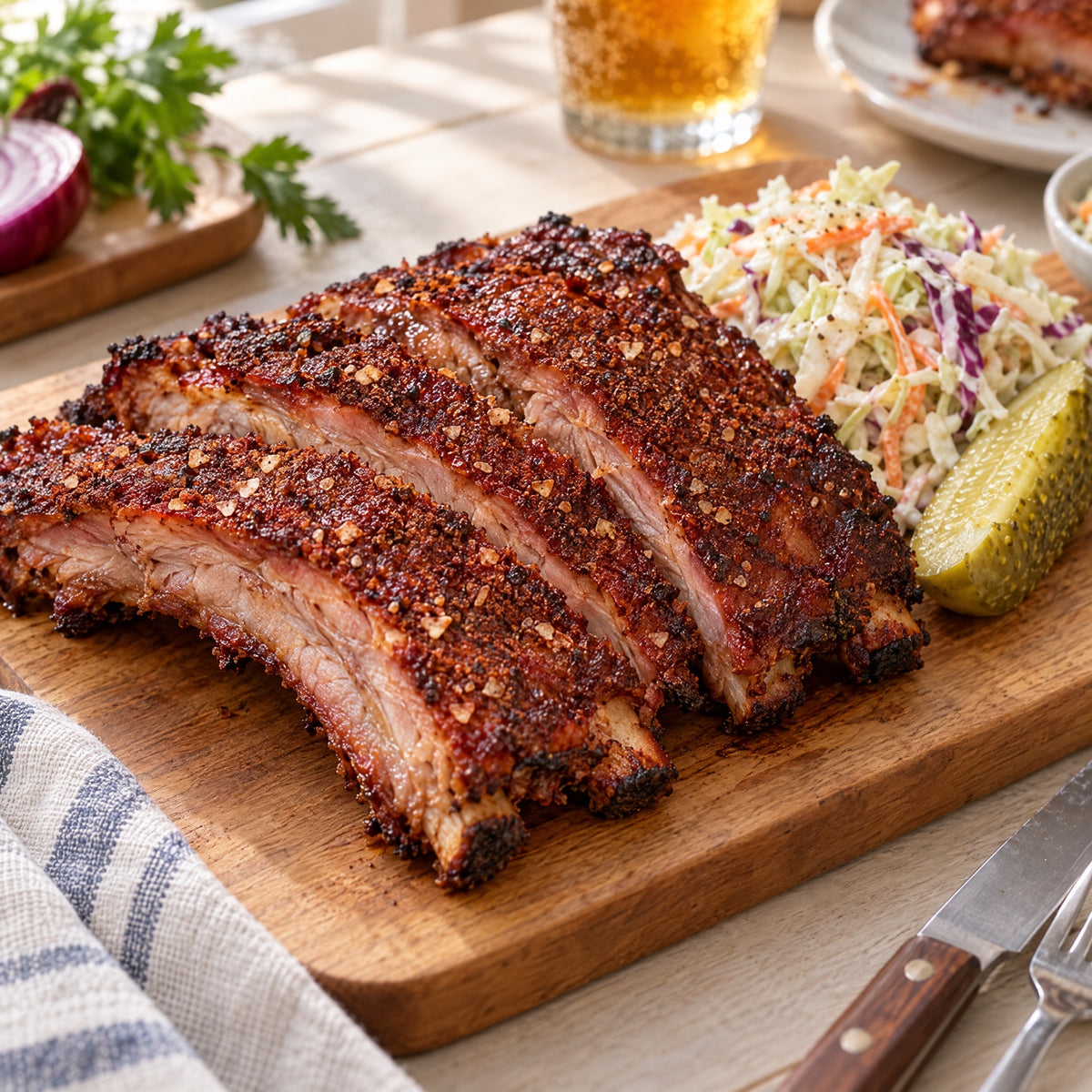 Spareribs mit rauchiger Smoky-Dust-Kruste, Krautsalat und Gurke