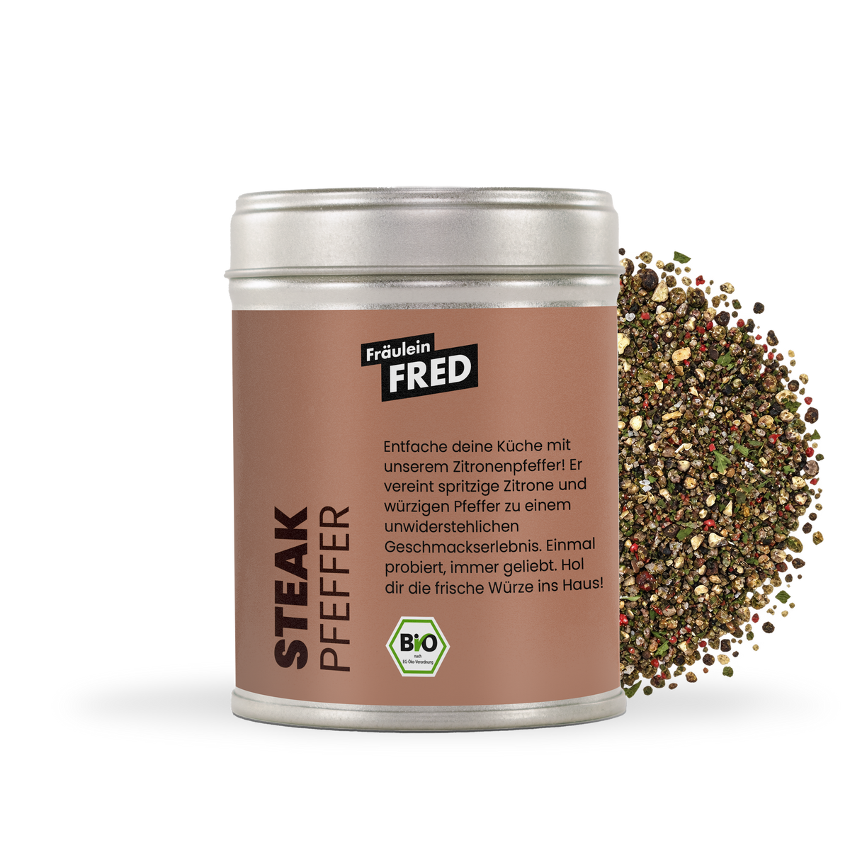 Steakpfeffer Bio – Dose mit grober Mischung aus schwarzem und geräuchertem grünem Pfeffer, Rosa Beeren und Flor de Sal