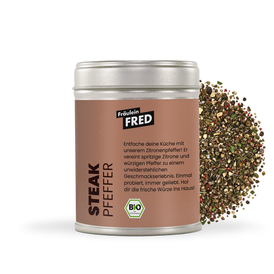 Steakpfeffer Bio – Dose mit grober Mischung aus schwarzem und geräuchertem grünem Pfeffer, Rosa Beeren und Flor de Sal