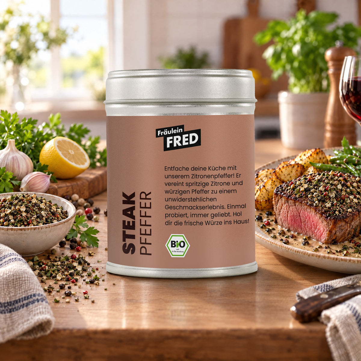 Steakpfeffer in der Dose von Fräulein Fred auf dem Küchentisch, daneben Filet mit Pfeffersoße