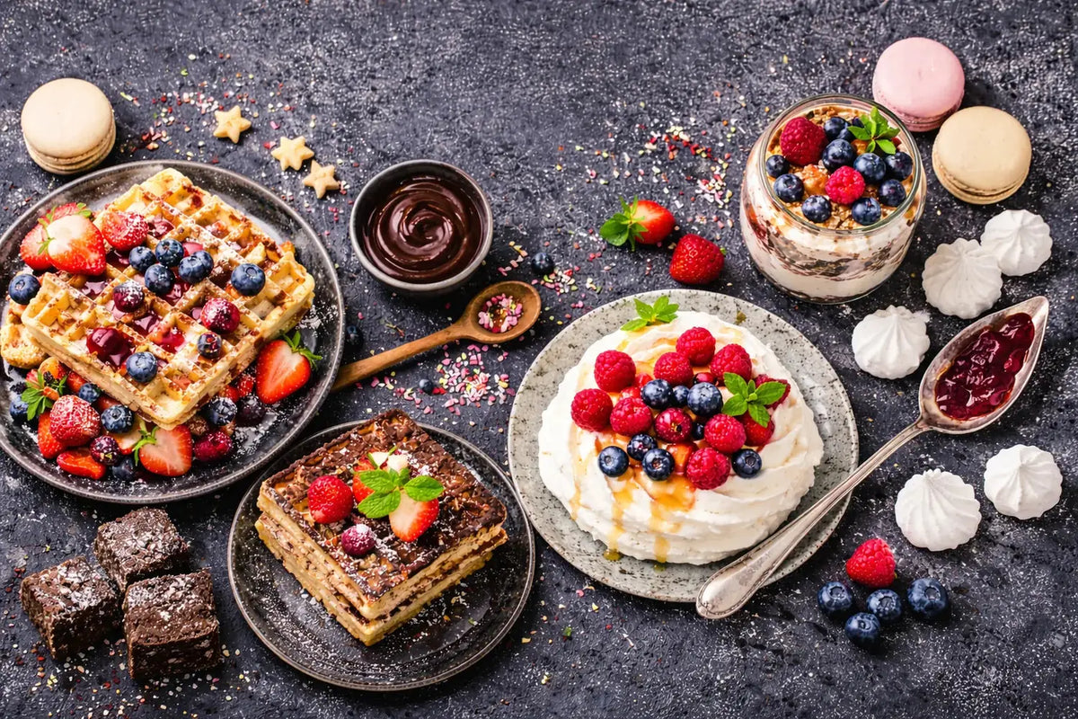 Desserts mit süßen Gewürzmischungen: Waffeln mit Beeren, Pavlova, Brownies und Macarons