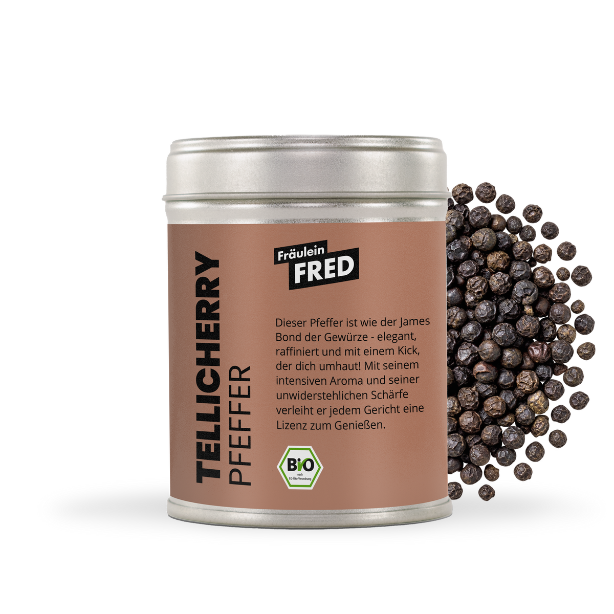 Tellicherry Pfeffer Dose mit ganzen schwarzen Pfefferkörnern