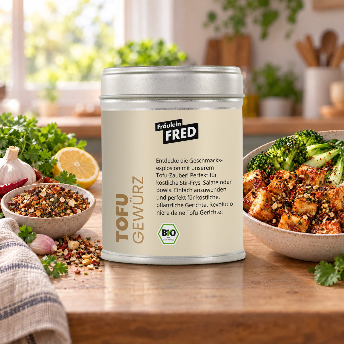 Tofu in der Dose von Fräulein Fred auf dem Küchentisch, daneben Knuspriger Tofu
