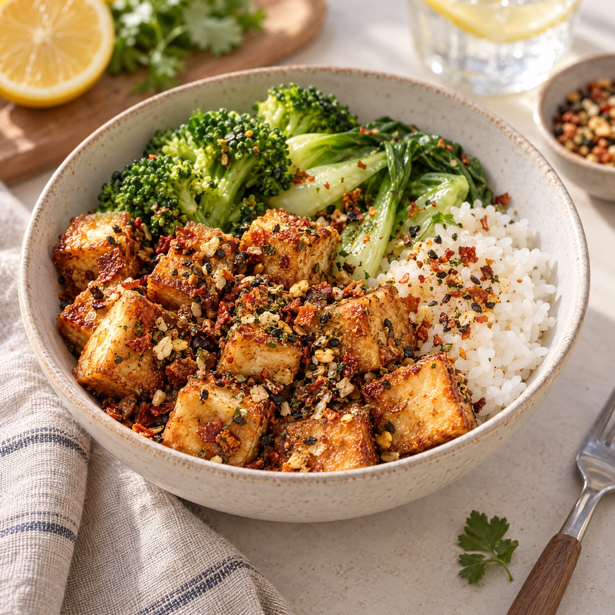 Knuspriger Tofu mit Tofu Gewürz, Reis, Brokkoli und Pak Choi