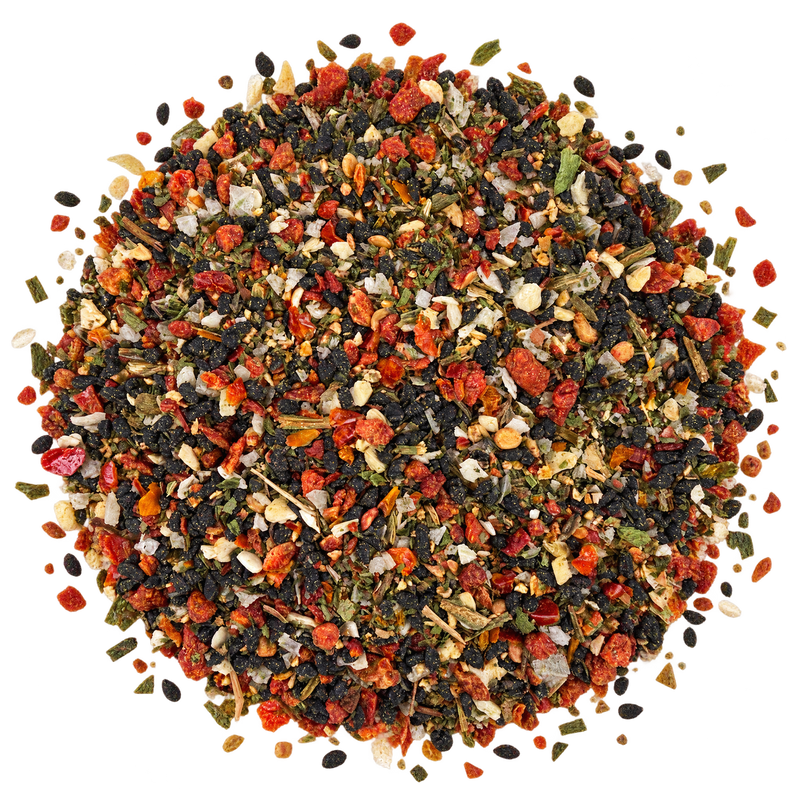 Wiesenmarkt Brotzeit Gewürz Bio von oben: Schwarzkümmel, Tomate, Sonnenflocken-Salz, Orangenschale, Bärlauch und Schnittlauch