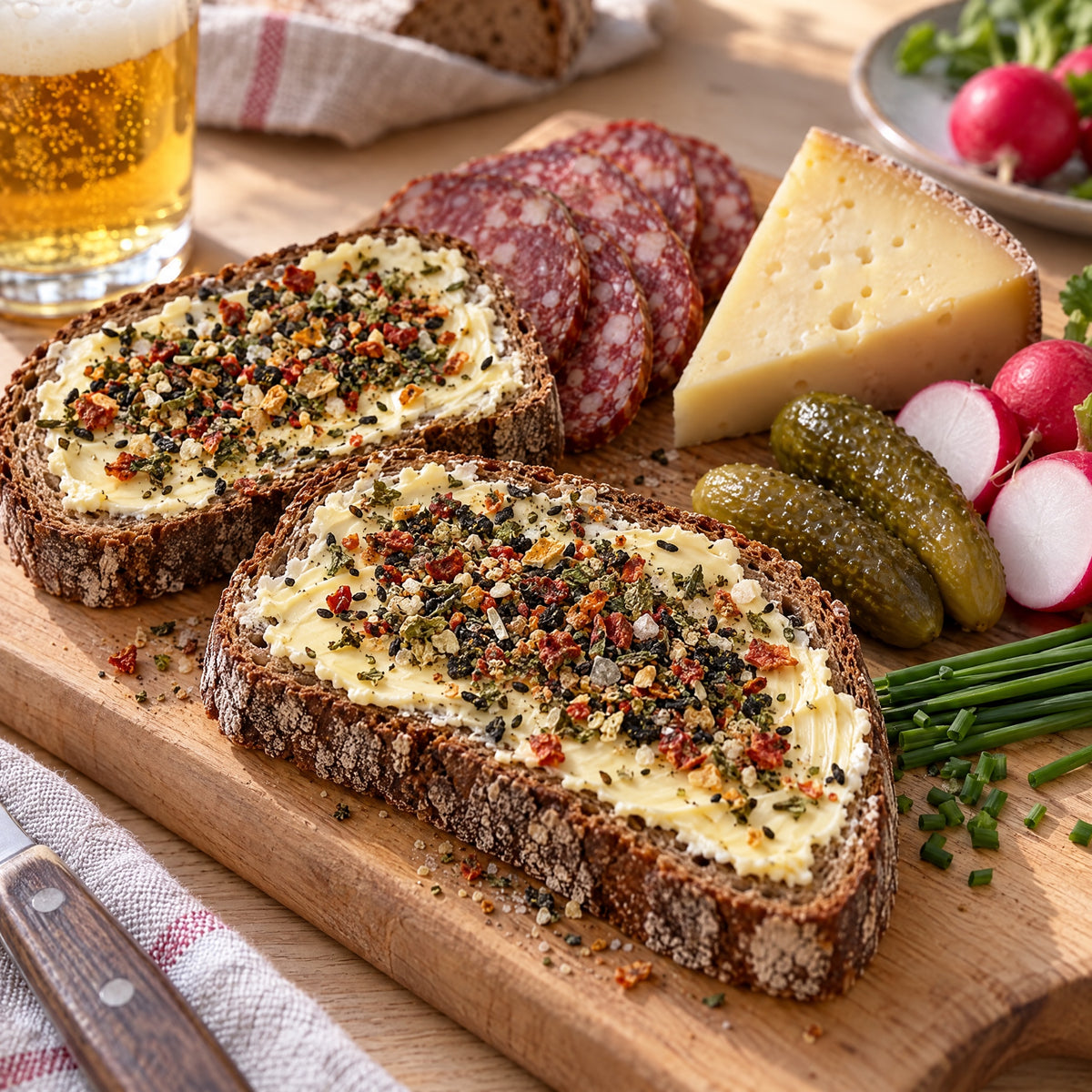 Brotzeitbrett mit Bauernbrot und Butter, Wurst, Käse und Radieschen, gewürzt mit Wiesenmarkt Brotzeit Gewürz – Serviervorschlag