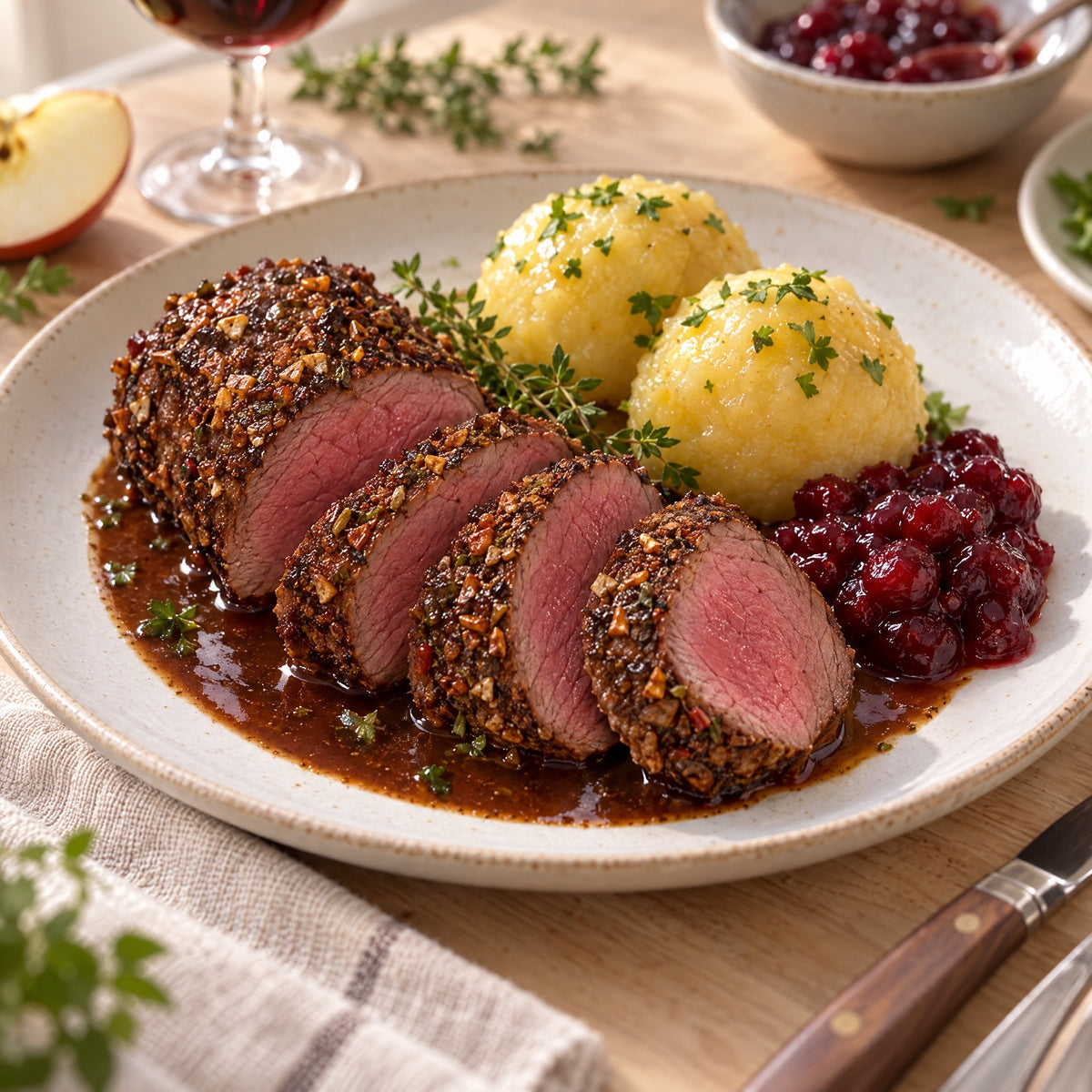 Rehrücken mit Gewürzkruste, Wildsoße, Preiselbeeren und Knödeln