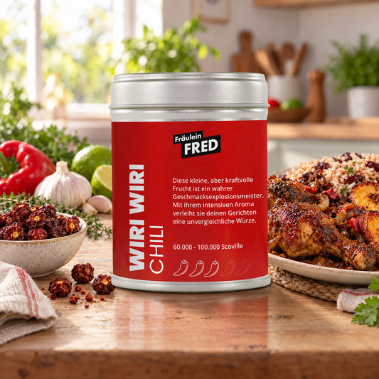Wiri Wiri Chili in der Dose von Fräulein Fred auf dem Küchentisch, daneben Karibisches Hähnchen