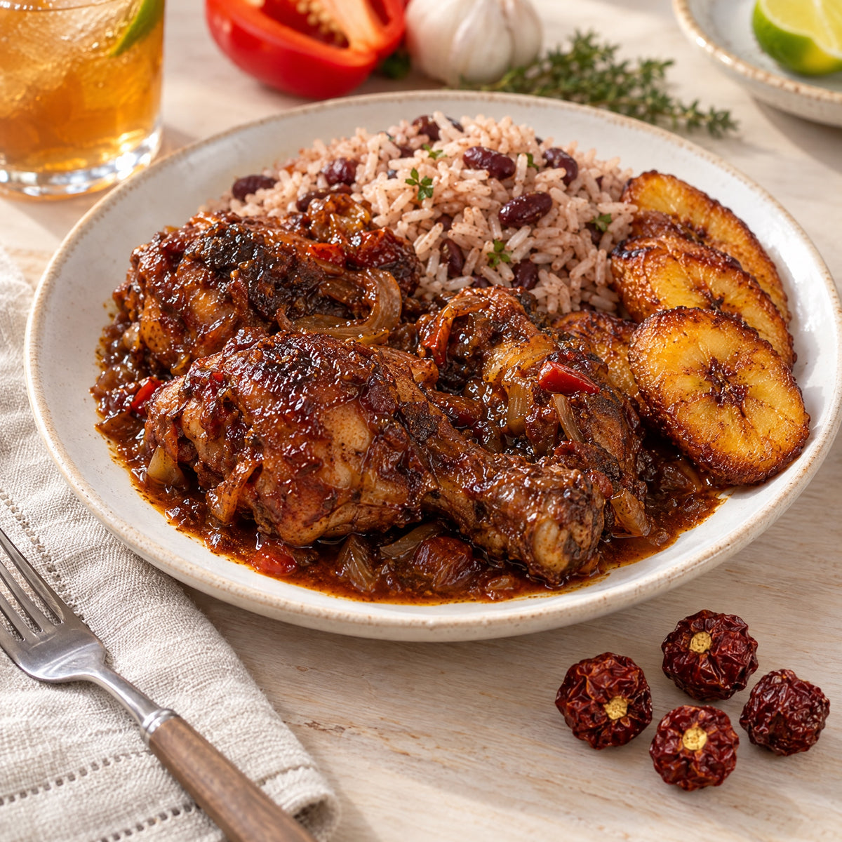 Karibisches Hähnchen mit Reis, Bohnen, gebratener Kochbanane und Wiri Wiri Chilis