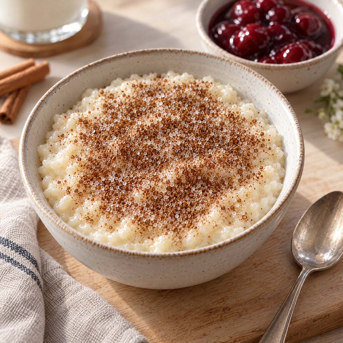 Milchreis mit Zimtzucker, dazu warme Kirschen