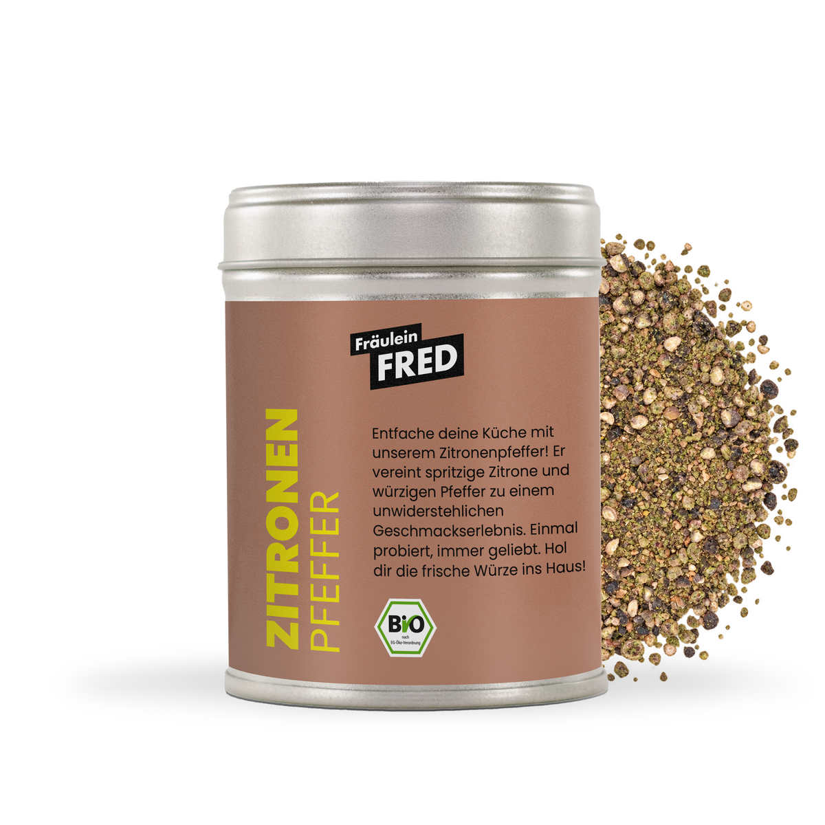 Zitronenpfeffer Dose mit grob geschrotetem Pfeffer und Zitronenschale