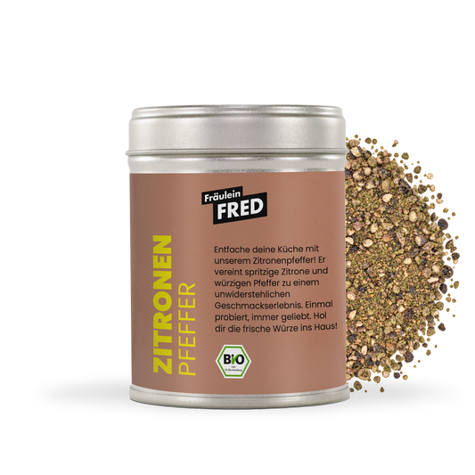 Zitronenpfeffer Dose mit grob geschrotetem Pfeffer und Zitronenschale